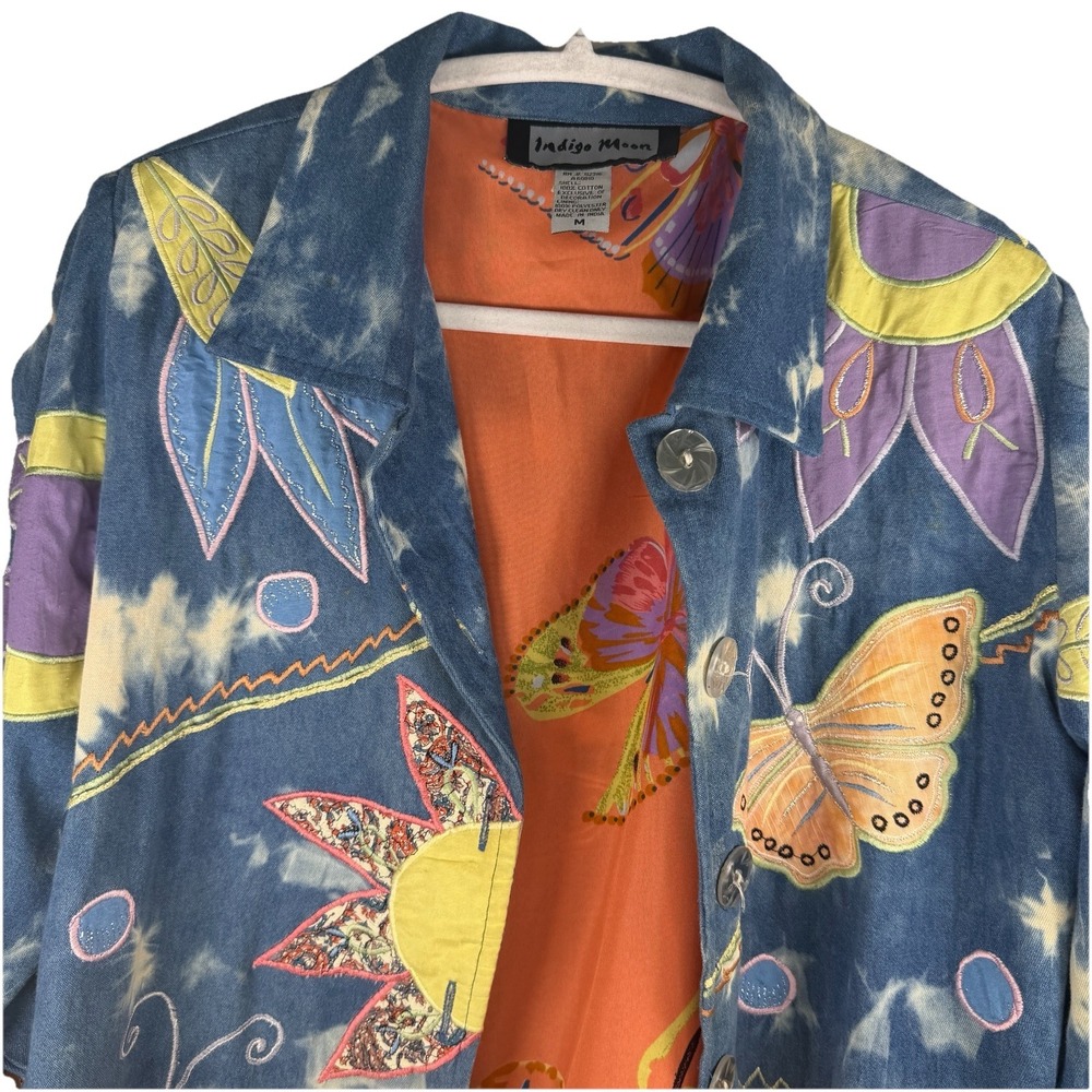 VTG Indigo Moon‎ M Jacket Blue Tye Dye Embroidery Floral Butterflies Whimsy Boho